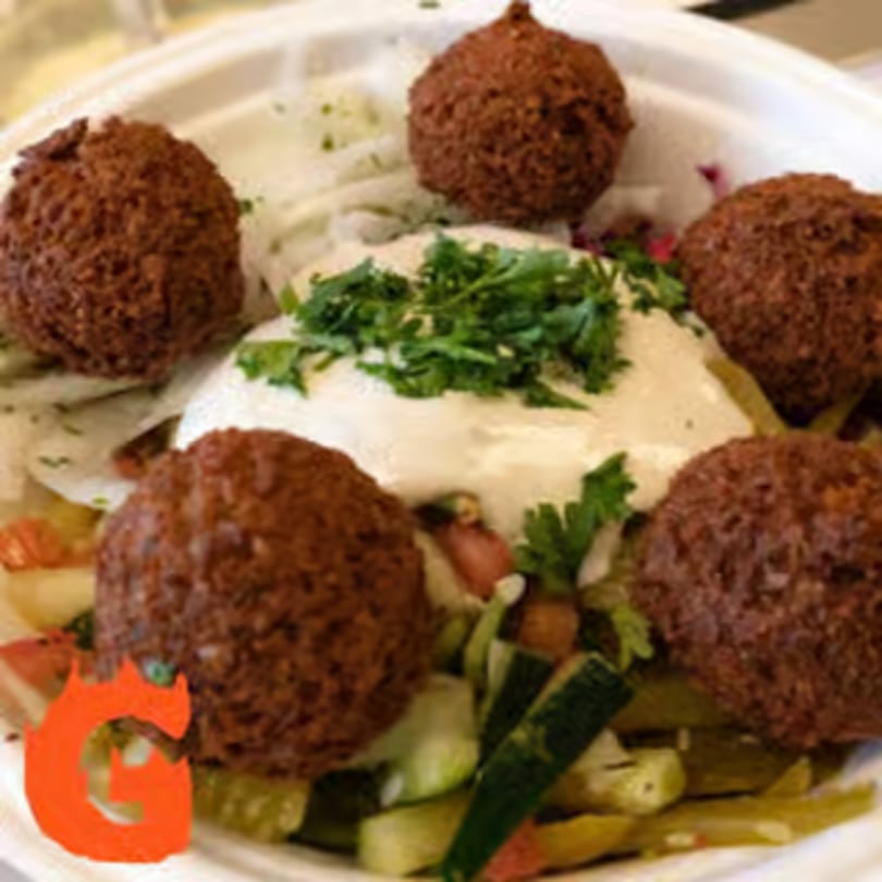 Gita Pita HTX falafel bowl with hummus, fresh vegetables, and five crispy falafel balls.
